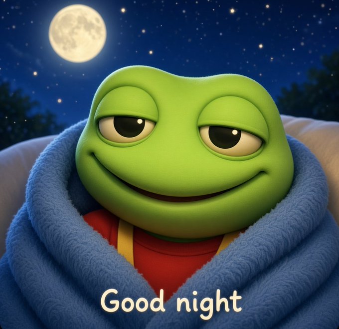 A 3D-rendered Pepe the Frog character wrapped in a blue blanket under a starry night sky with a full moon, featuring the text 'Good night'.