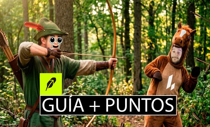 A Robinhood promotional image featuring two men in costumes (Robin Hood and a horse) in a forest setting, with text reading 'GUÍA + PUNTOS'.