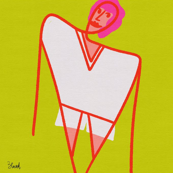A colorful stylized illustration of a figure with pink hair wearing a white poncho with orange trim, set against a bright yellow-green background, signed 'David' in the corner.