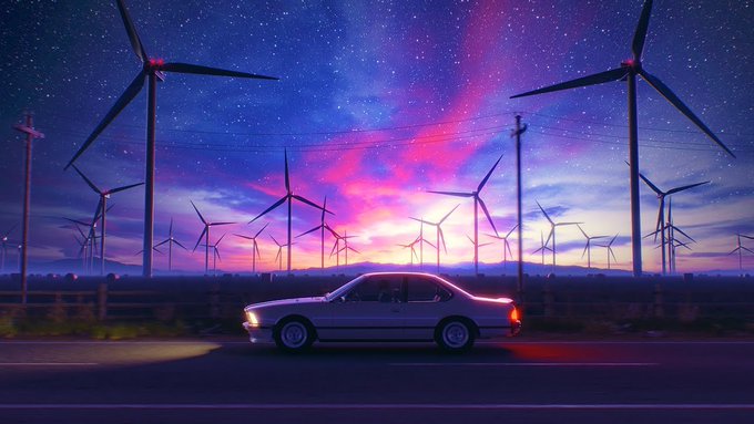 An animated-style illustration of a white sedan driving past a field of wind turbines at twilight under a vibrant pink and purple starry sky.