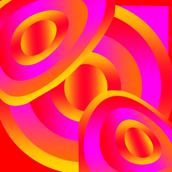 A vibrant abstract design featuring swirling circular and curving patterns in bright pink, magenta, orange, and yellow colors.