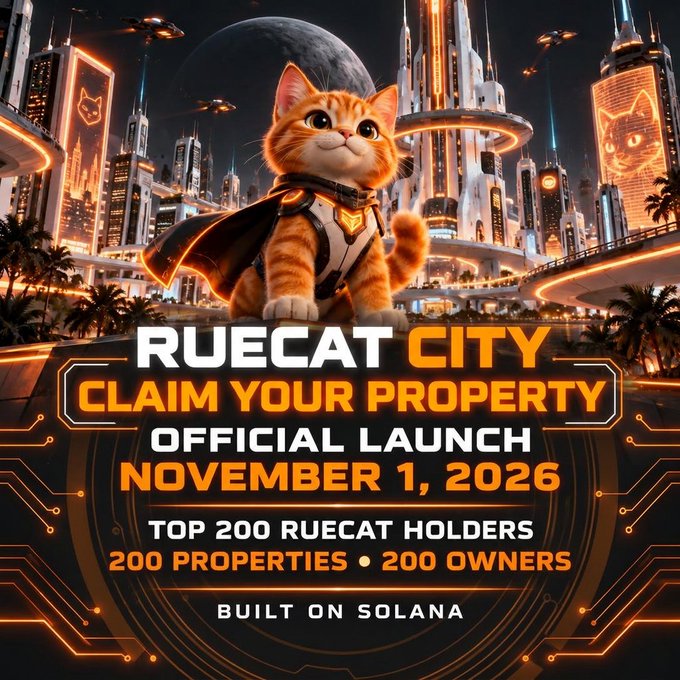 A promotional poster for "RUECAT CITY" announces an "OFFICIAL LAUNCH NOVEMBER 1, 2026," offering "200 PROPERTIES • 200 OWNERS" for the "TOP 200 RUECAT HOLDERS," built on Solana, featuring an orange cat in futuristic armor.