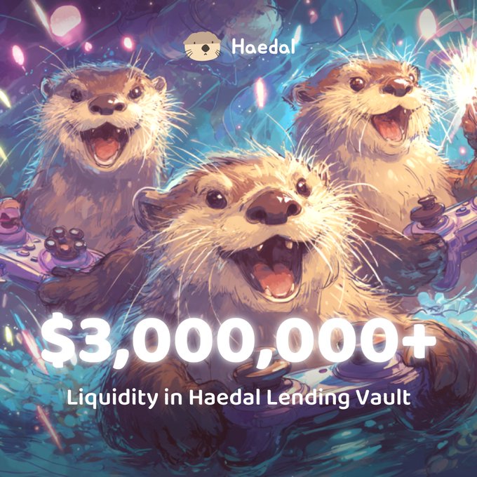 A promotional graphic for 'Haedal' featuring cartoon otters in a colorful, splashing water scene with the text '$3,000,000+ Liquidity in Haedal Lending Vault'.