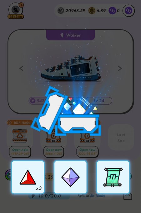 The image shows a game interface that displays three different designs of objects, including two blue triangles and one red triangle with a purple circle at the bottom. These design choices seem random or non sequitur but are displayed for fun or as an artistic option in the app. The actual purpose of these elements is unclear from the image alone.