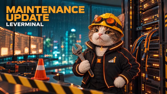 A digital illustration featuring a cat dressed as a maintenance worker in a hard hat and orange-accented jacket, holding a wrench in a server room with the text 'MAINTENANCE UPDATE LEVERMINAL' displayed.