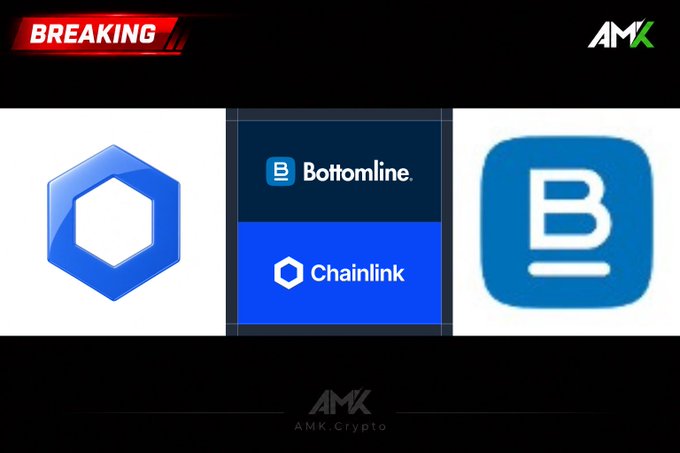 A breaking-news graphic shows the Chainlink logo alongside “Bottomline” and Chainlink, with an AMK/AMK.Crypto watermark.