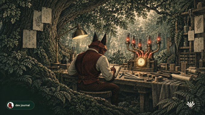 A fantasy illustration by 'dev journal' showing a fox-like character wearing goggles sitting at a cluttered wooden desk in a forest setting, working on crafts with botanical diagrams pinned to a nearby tree.