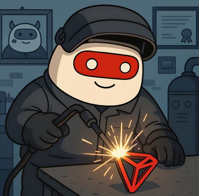A cartoon-style illustration of a character wearing a welding mask and a dark jacket, welding a red TRON logo, with sparks flying.