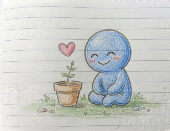 A hand-drawn illustration on lined notebook paper shows a cute blue figure sitting next to a potted plant with a pink heart flower.