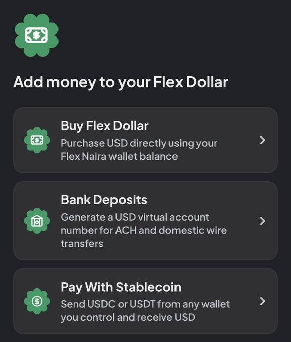 A mobile app screen titled 'Add money to your Flex Dollar' with options to Buy Flex Dollar, Bank Deposits, and Pay With Stablecoin (USDC or USDT).