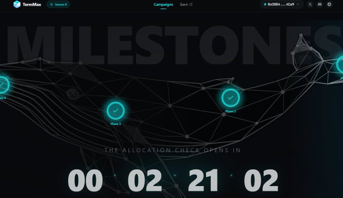 Screenshot of a TermMax Camapaigns page showing a 'MILESTONES' section with a network graphic and a countdown timer reading '00:02:21:02' for 'THE ALLOCATION CHECK OPENS IN'.