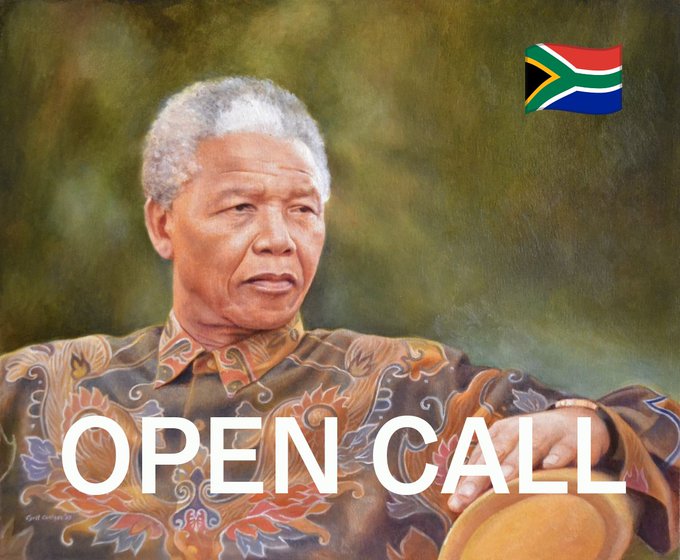 A painted portrait of Nelson Mandela wearing a patterned shirt, with the South African flag in the top right corner and the text "OPEN CALL" overlaid across the bottom, promoting an open call for South African artists to be featured in a nationwide exhibition in November 2026.