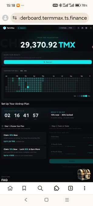 A mobile screenshot of a TermMax dashboard showing an allocation of 29,370.92 TMX with a countdown timer (02:16:41:57) and options to claim 30% now or 15% now + lock 65% to earn more.