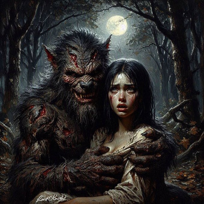 A dark fantasy artwork signed 'LordKnight' depicting a terrifying werewolf-like creature embracing a distressed young woman in a moonlit forest.