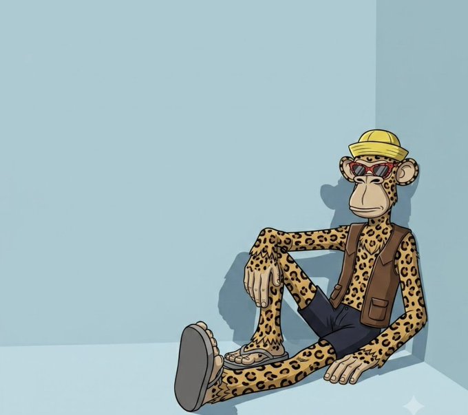 A cartoon illustration of a leopard-spotted monkey character wearing a yellow hard hat, red sunglasses, brown vest, and flip-flops, sitting casually against a light blue background.