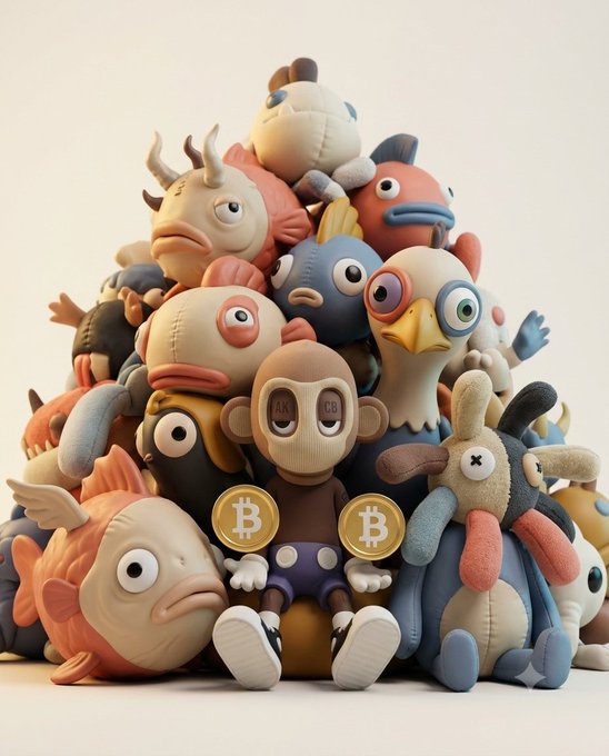 A 3D rendered pile of colorful plush toys including a monkey, fish, birds, and other creatures, with two golden Bitcoin coins visible among them.