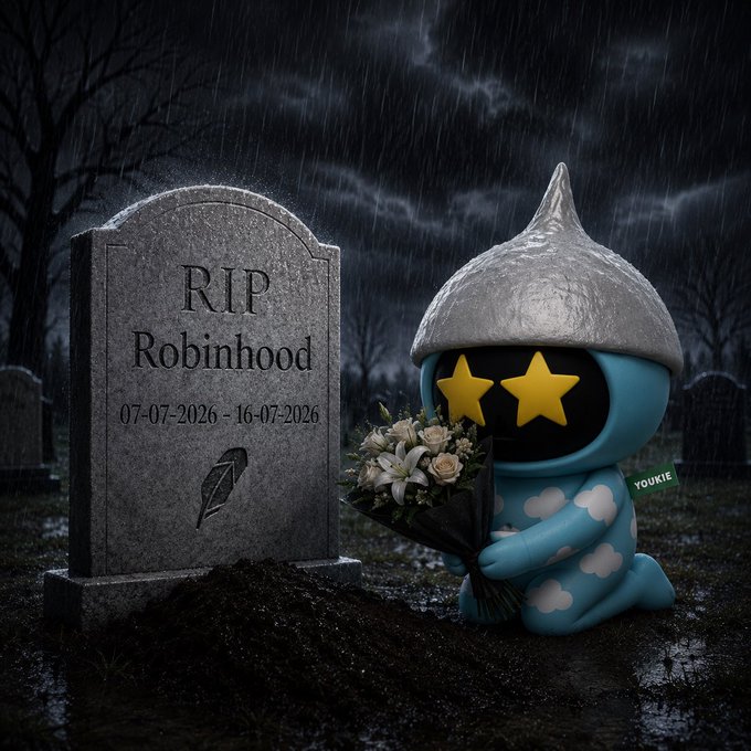 A blue cartoon mascot with yellow star eyes kneels solemnly in the rain before a tombstone inscribed "RIP Robinhood 07-07-2026 - 16-07-2026," holding a bouquet of white and pink flowers in mourning. The somber graveyard scene visually echoes the post's tribute, symbolizing the brief 9-day life and passing of the Robinhood chain.