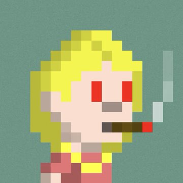 A blonde-haired figure with red eyes is depicted in pixel art style, smoking a cigarette and wearing a red outfit. The image appears to be an NFT artwork that the author is excited to add to their collection, mentioning they're traveling to Singapore with builders from the NFT ecosystem.