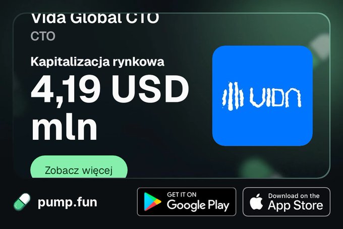 An advertisement for 'Vida Global CTO' token shows a market capitalization of '4,19 USD mln' with the Vida logo and download links for pump.fun, Google Play, and the App Store.
