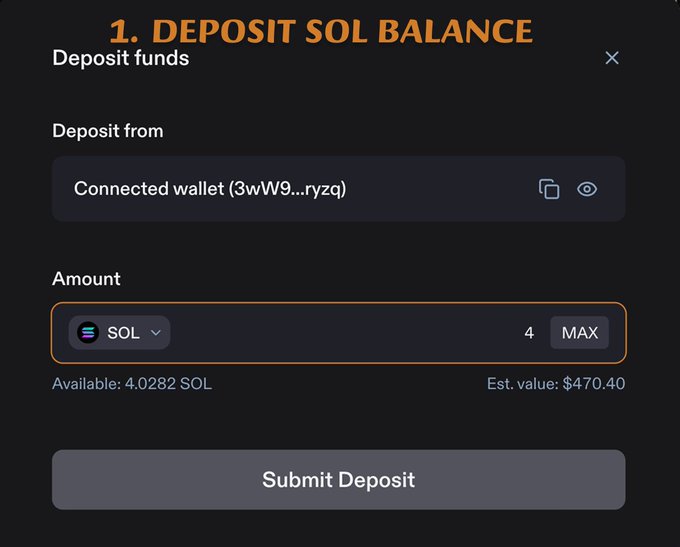 A dark-themed UI screenshot showing a 'Deposit funds' modal with '1. DEPOSIT SOL BALANCE' as the heading, displaying a connected wallet (3wW9....ryzq), 4 SOL available out of 4.0282 SOL, and an estimated value of $470.40.