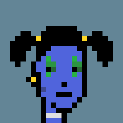 A pixel art portrait of a blue-skinned character with black pigtails and green eyes.