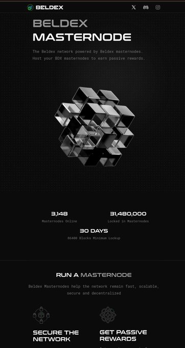 A website screenshot for 'BELDEX MASTERNODE' displays information about the blockchain network, including 3,148 Masternodes Online, 31,480,000 Locked in Masternodes, and a 30-day minimum lockup period.