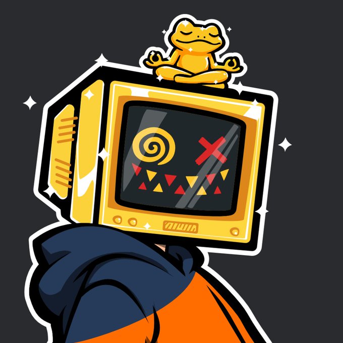 Stylized illustration of a person in an orange shirt with a TV-shaped helmet displaying a hypnotic swirl and X, with a meditating frog sticker on top.