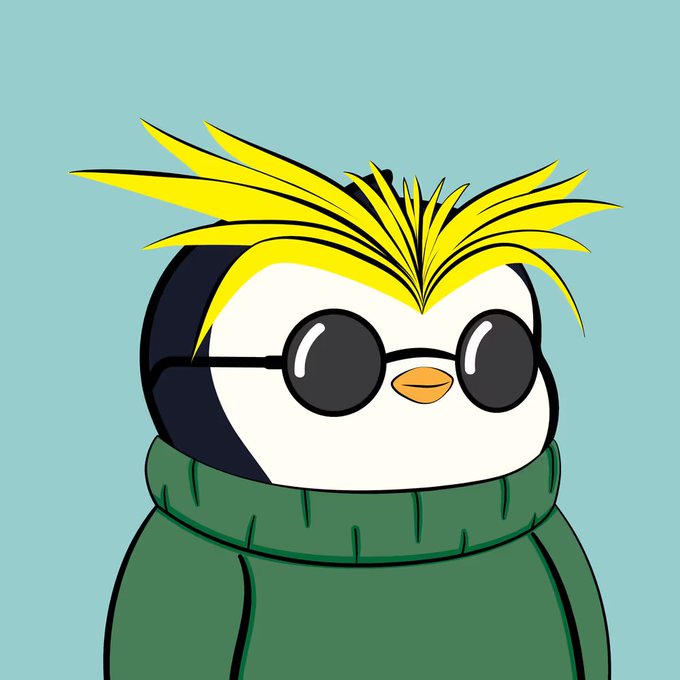 A cartoon penguin wearing round black sunglasses and a green turtleneck sweater with wild yellow hair-like feathers on top.