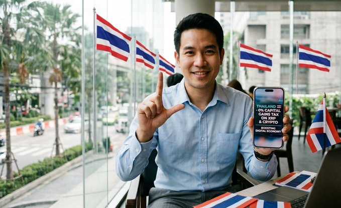 A smiling man in a light blue shirt holds up a smartphone displaying a 'Thailand' graphic, gesturing with his other hand, with Thai flags visible in the background.
