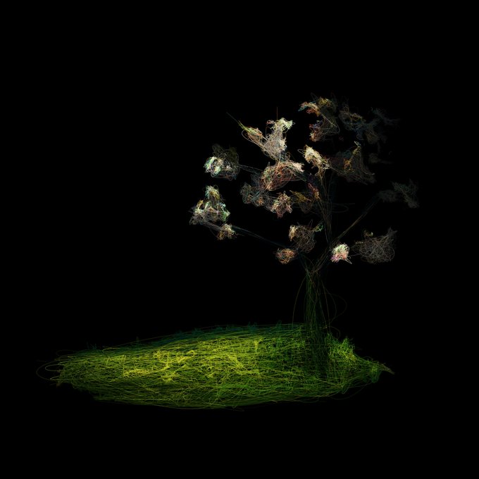 An artistic visualization showing a tree-like form made of light, smoke-like shapes growing from a tangled green base against a black background.