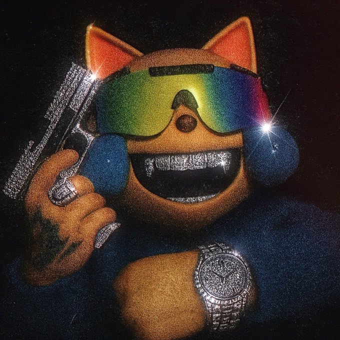 A digital artwork depicts an anthropomorphic cat wearing rainbow-tinted sunglasses, gold grills, and diamond jewelry while holding a rhinestone-encrusted gun.
