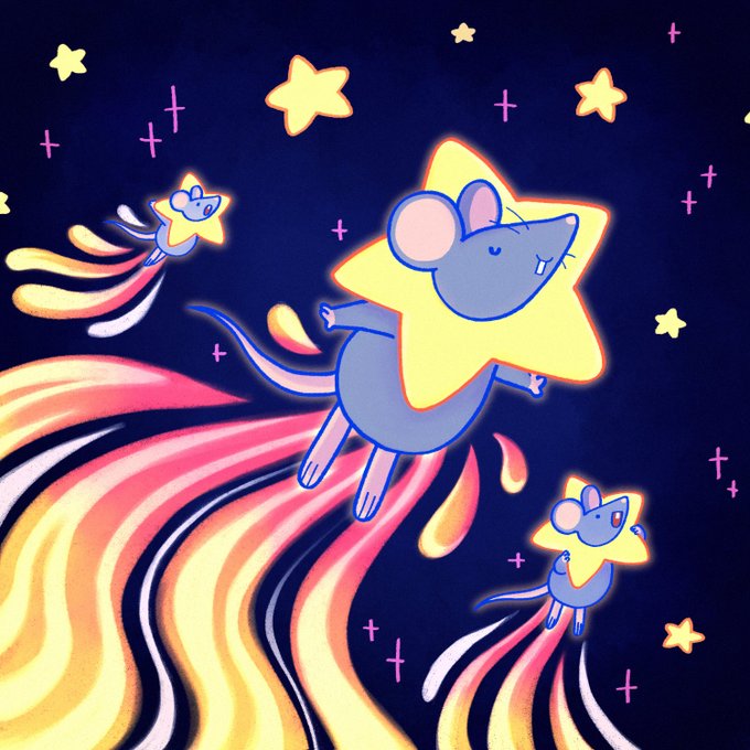 A digital illustration depicts three cartoon mice wearing yellow star costumes flying through a dark blue night sky filled with stars and pink swirling trails.