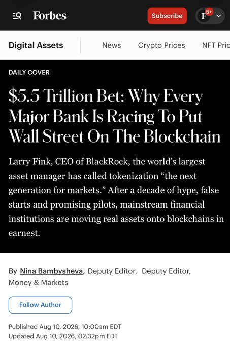 A Forbes article headline reads "$5.5 Trillion Bet: Why Every Major Bank Is Racing To Put Wall Street On The Blockchain," featuring a quote from BlackRock CEO Larry Fink calling tokenization "the next generation for markets," supporting the post's argument that Ethereum fundamentals are strengthening as major institutions move real assets onto blockchains.