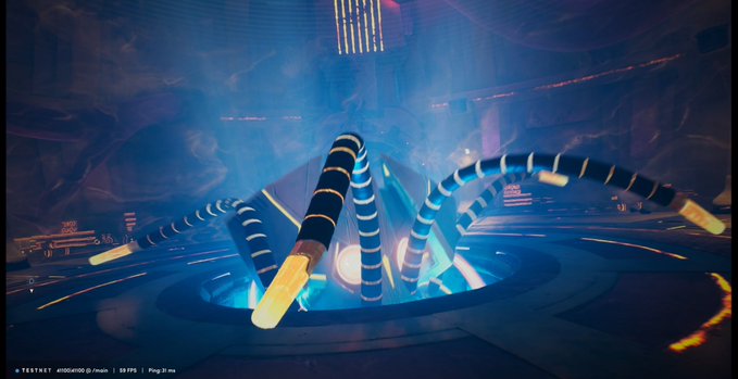 A stylized 3D render showcases a mechanical structure with glowing orange and blue cylindrical pipes arranged in a circular platform.