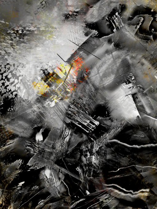An abstract artwork with chaotic black, white, and gray brushstrokes featuring a small splash of yellow and red in the center.