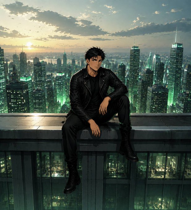 An anime-style illustration of a young man in a black leather jacket sitting on a rooftop ledge overlooking a glowing green cityscape at sunset.