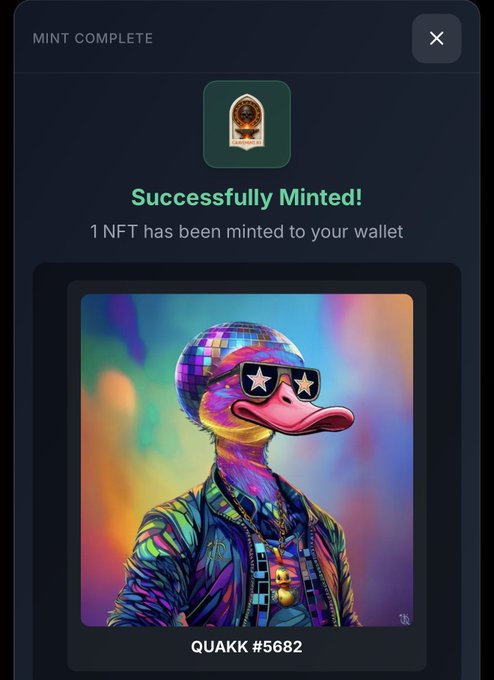 Mobile screen showing a successful NFT mint confirmation for 'QUAKK #5682', featuring a colorful digital illustration of a duck wearing star-shaped sunglasses and a disco-ball cap.