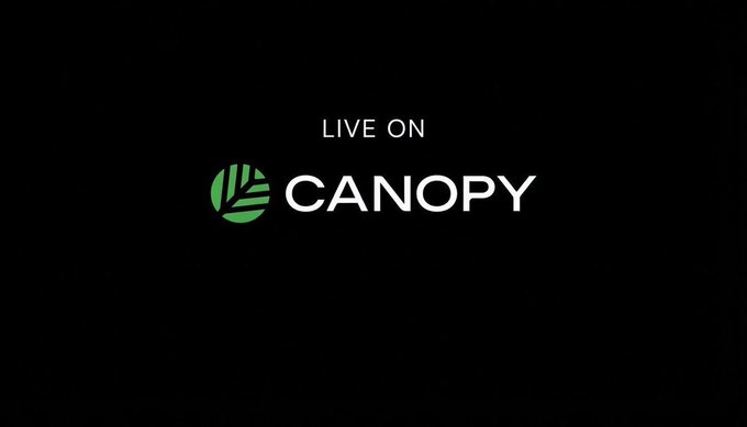 A black screen with white text reading 'LIVE ON' above the Canopy logo, which features a green leaf design.