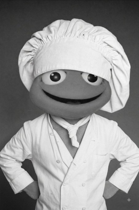 A black-and-white photograph shows a smiling Muppet-style frog character dressed in a chef's uniform, complete with a toque and a white knotted neckerchief.