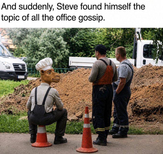 A construction worker wearing a chef hat and an oversized monkey mask sits on a traffic cone, facing two coworkers in overalls who are staring at him in bewilderment near a dirt pile and parked vehicles. The caption reads "And suddenly, Steve found himself the topic of all the office gossip," humorously relating to the post by depicting an absurd workplace scene that would surely make Steve the talk of the office.