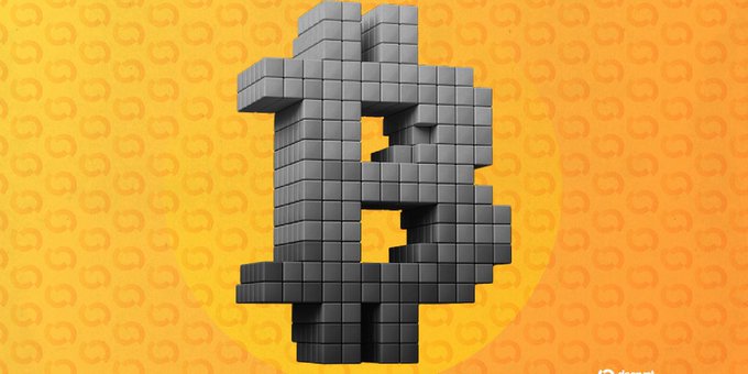 A 3D graphic of a stylized Bitcoin 'B' logo constructed from dark gray blocks, set against a bright orange background patterned with faint currency symbols.