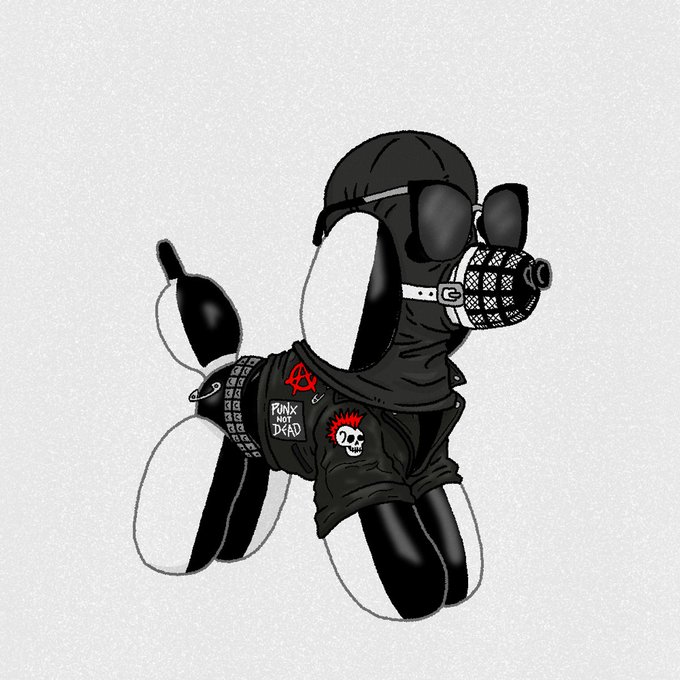 A digital illustration of an inflatable black balloon pony wearing a cap, mesh muzzle, and a vest adorned with 'PUNX NOT DEAD' and anarchy and punk skull patches.