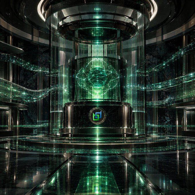 A futuristic, high-tech chamber with glowing green energy streams and a central illuminated core displaying the "B̶" Beldex logo, visually reinforcing the post's message about AI advancement necessitating stronger privacy solutions, as Beldex positions itself as a Web3 platform safeguarding communication, identity, and digital activity in an increasingly intelligent technological landscape.