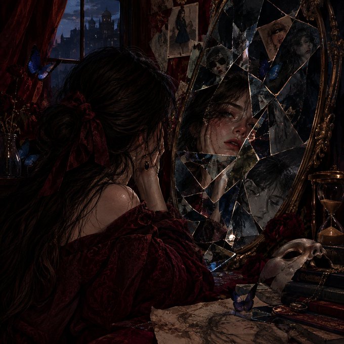 A dark, gothic digital artwork depicting a woman in a red velvet dress gazing into a shattered oval mirror, with blue butterflies, photographs, and an hourglass in the background.