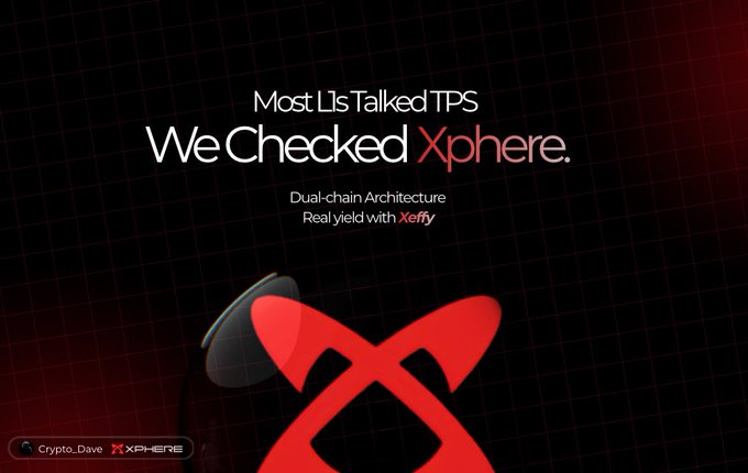 Promotional graphic reading 'Most L1s Talked TPS We Checked Xphere.' with tagline 'Dual-chain Architecture Real yield with Xeffy', branded by Crypto_Dave and XPHERE.