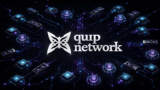 A promotional graphic for 'quip network' showing a butterfly-style logo over a dark background of glowing purple and blue computer chips connected by circuit lines.