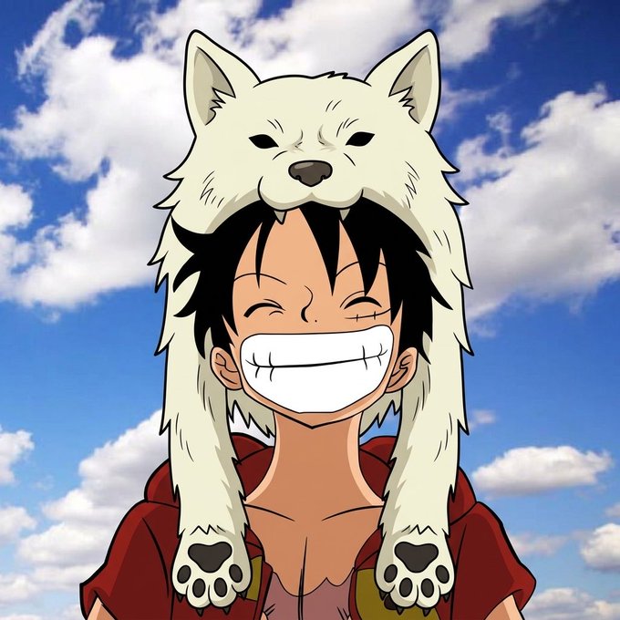 A One Piece-style anime character grins broadly while wearing a wolf headpiece as a hat, set against a blue sky with fluffy clouds—visually representing the white wolf mascot of $WOLF. The image reinforces the post's bullish sentiment about the token's ongoing buyback and growing holder base.