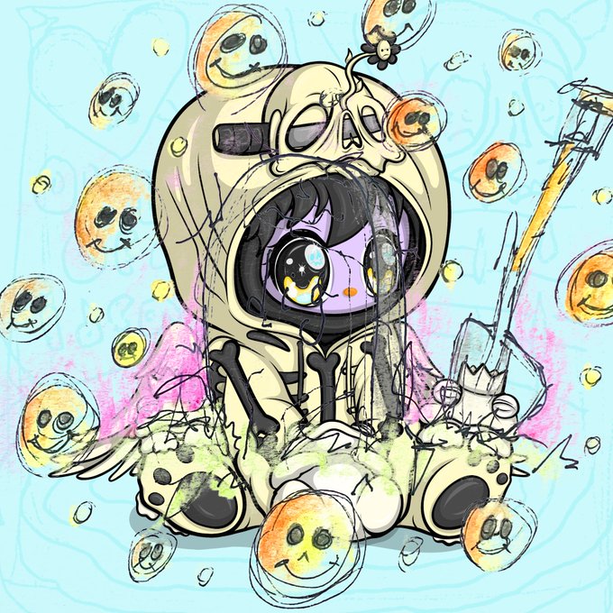A whimsical digital illustration depicts a cute skeletal character in a hooded onesie holding a syringe, surrounded by floating smiley faces on a light blue background.