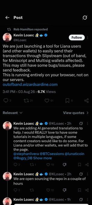 A screenshot of X (Twitter) posts by Kevin Loaec (@KLoaec) discussing the launch of a Slipstream tool for Liana wallet users to send transactions for Miniscript and Multisig wallets, with mentions of adding AI-generated translations and open-sourcing the repo.