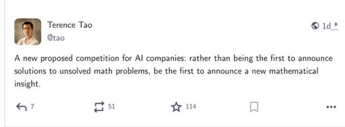 A screenshot of a tweet from Terence Tao (@tao) proposing a new competition for AI companies focused on announcing new mathematical insights rather than solutions to existing problems.